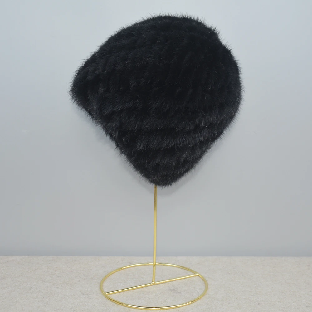 Russia Winter Lady Natural Mink Fur Beanies Hat Knit Warm Striped Genuine Mink Fur Caps Women Good Elastic Real Hat