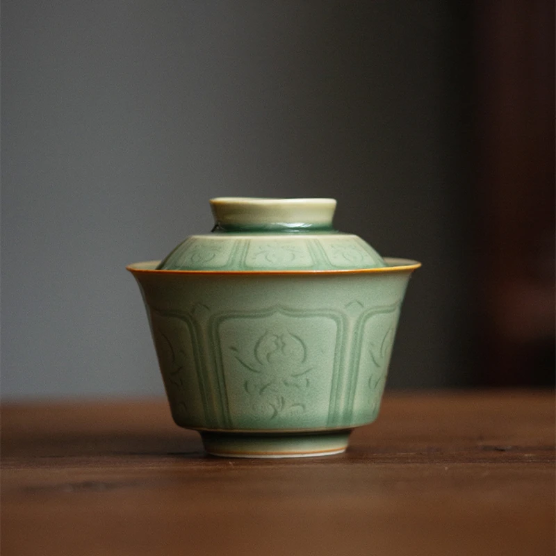 Celadon Hand Carved Gaiwan For Tea Pottery Tureen With Lid Green Teaware Kung Fu Tea Ceremony Set Coffee Cups Bowls Chawan