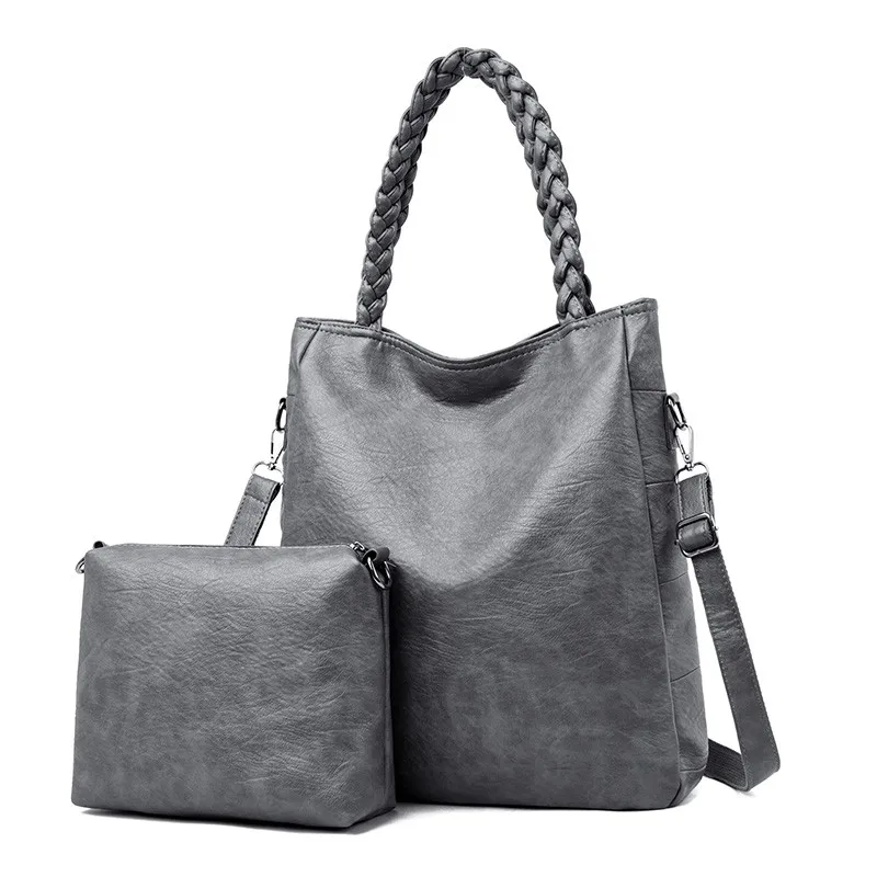 2 комплекта женская сумка из натуральной кожи женские сумки большие кожаные дизайнерские большие сумки-шопперы для женщин роскошная сумка на плечо - Цвет: Gray
