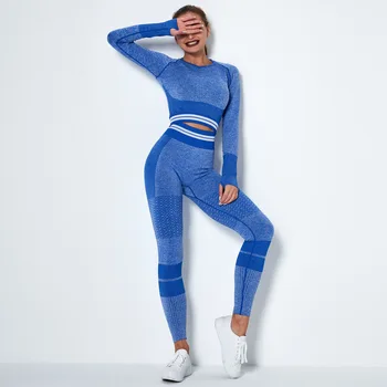 

AMRZS 2020 yoga sports seamless knit quick-drying sports yoga long-sleeved suit striped fitness pants suit women yoga set