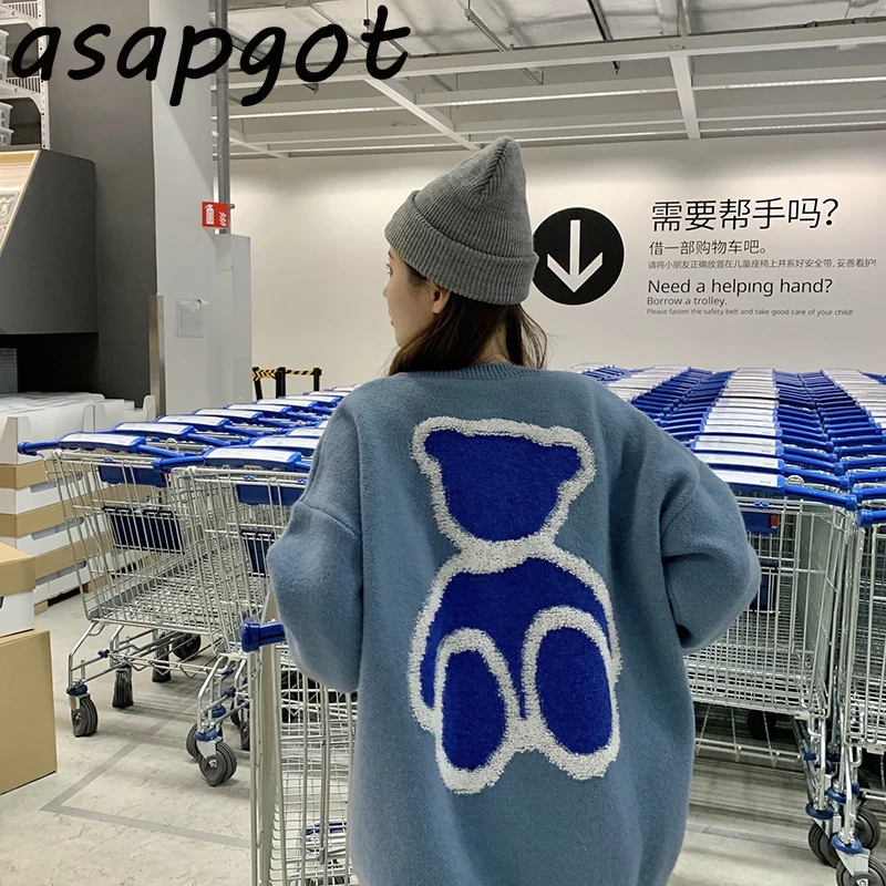 Long Sleeve Knit Top Cartoon Bear Knitted Sweater Women O Neck Casual Japan Style Animal Jacquard Pullovers Patchwork | Женская одежда