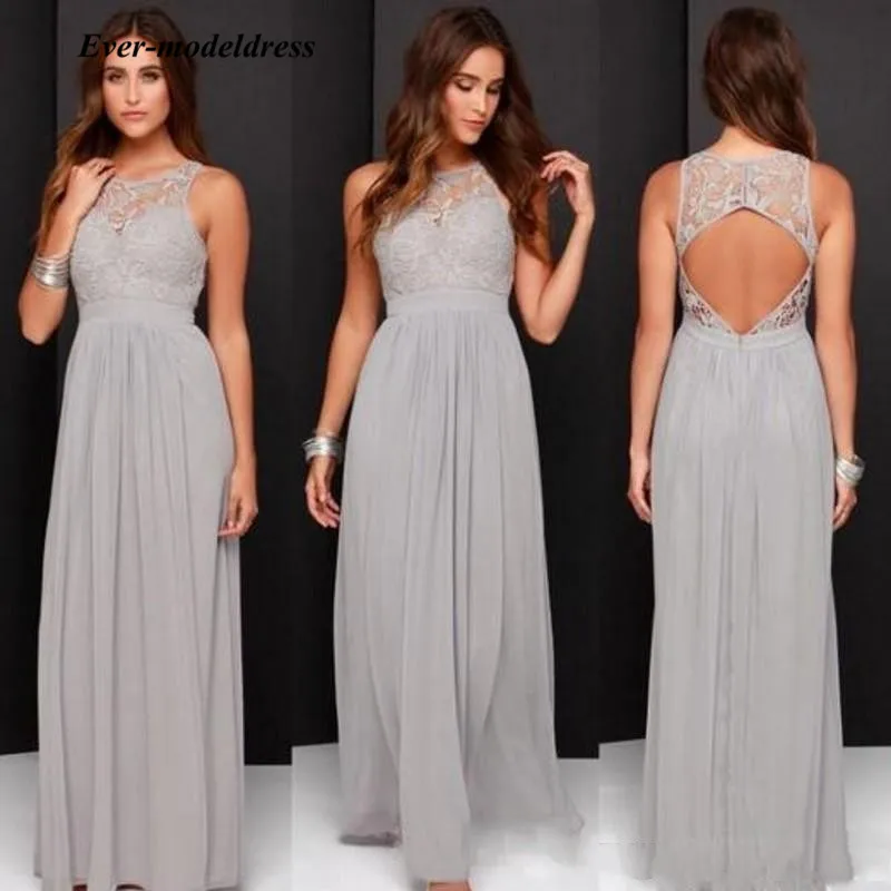 

vestido de festa Gray Chiffon Long Country Bridesmaid Dresses 2019 Scoop Hollow Back Sheath Beach Maid Of Honor Gowns Cheap