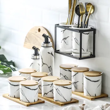 

Nordic Marble Pattern Ceramic Spice Jar Salt Sugar Pepper Shaker Seasoning Pots Kitchen Chopstick holder Oil Storage Bottle Rack