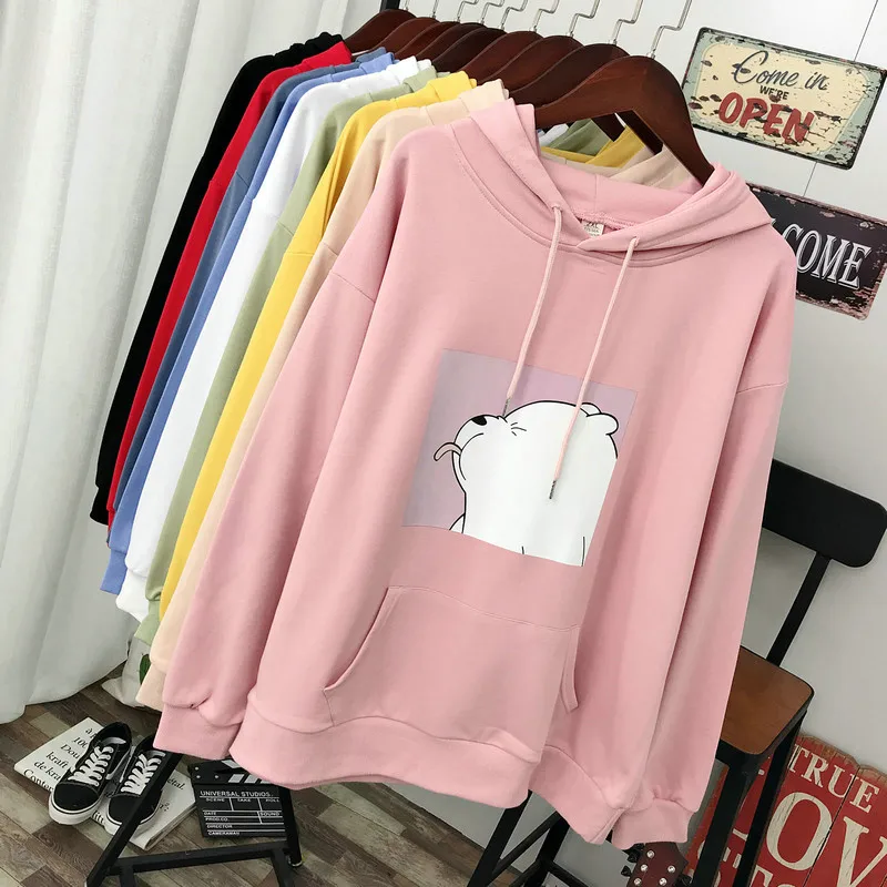Pink Hirsionsan зимняя Толстовка свитер Женская рисунок с милым медведем хлопок мультфильм карман базовый пуловер оверсайз с Капюшоном Повседневный джемпер - Цвет: Pink