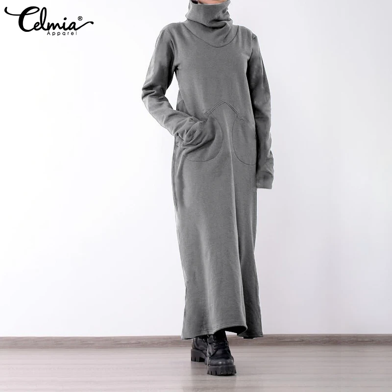 

Celmia Vintage Winter Dress Women Turtleneck Solid Long Maxi Dress 2019 Casual Loose Pockets Sweatshirt Vestidos Robe Plus Size