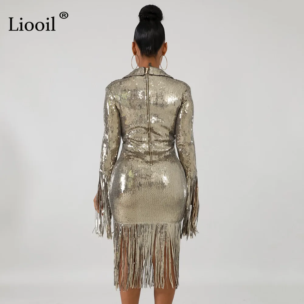 Liooil, черное, с блестками, с кисточками, сексуальное, бодикон, миди платье,, длинный рукав, v-образный вырез, облегающие, облегающие, платья для женщин, вечерние, для ночного клуба, наряды