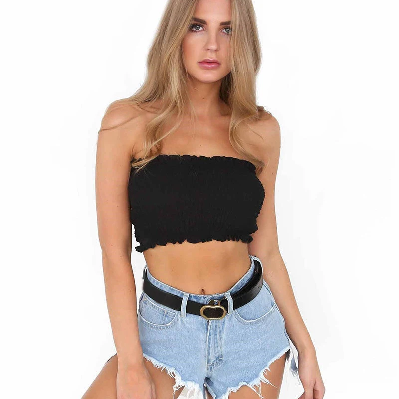 

Hot Fashion Ruffles Short Tube Tops Womens Plain Printed Boob Tube Strapless Bandeau Stretch Bra Crop Top Women Clothes 3 Colors