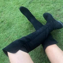 Бежевые замшевые кожаные высокие сапоги; зимние узкие черные женские сапоги; обувь из эластичной ткани; женская обувь высокого качества без застежки на квадратном каблуке