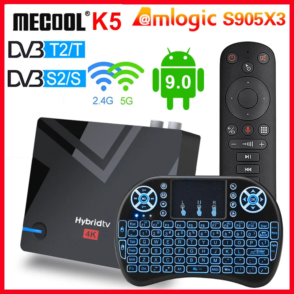MECOOL K5 DVB S2/T2/ Smart TV Box Android 9.0 Amlogic S905X3 100M 2.4G/5G WIFI Bluetooth4.2 2GB 16GB Set Top BOX PK K6 K7 TV BOX