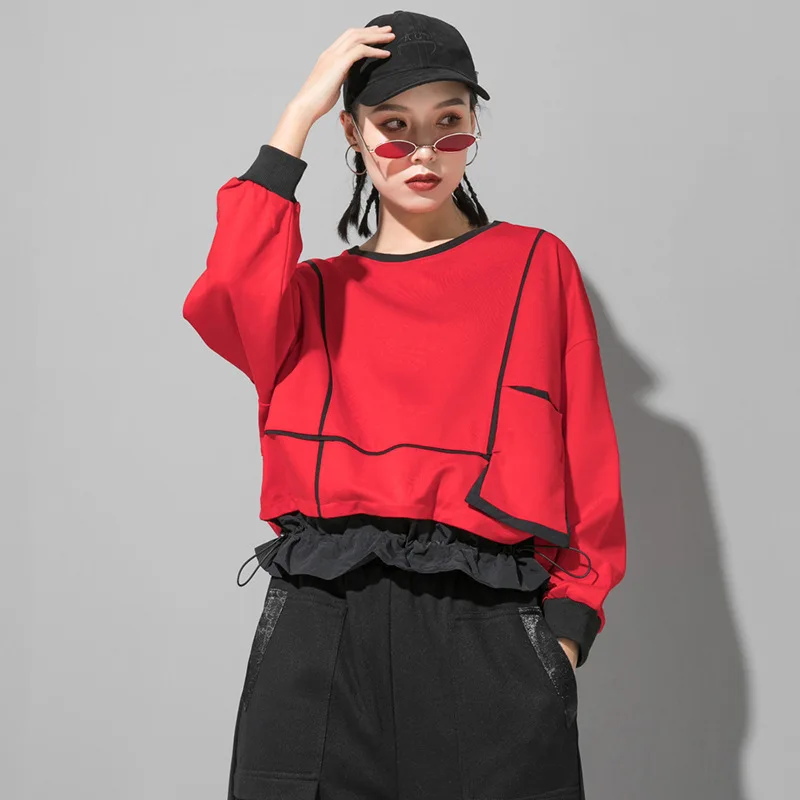 

Free Size Color Patchwork Pullovers Autumn Clothing Batwing Long Sleeve T Shirt Lotus Leaf Irregular Woman T Shirts For Women
