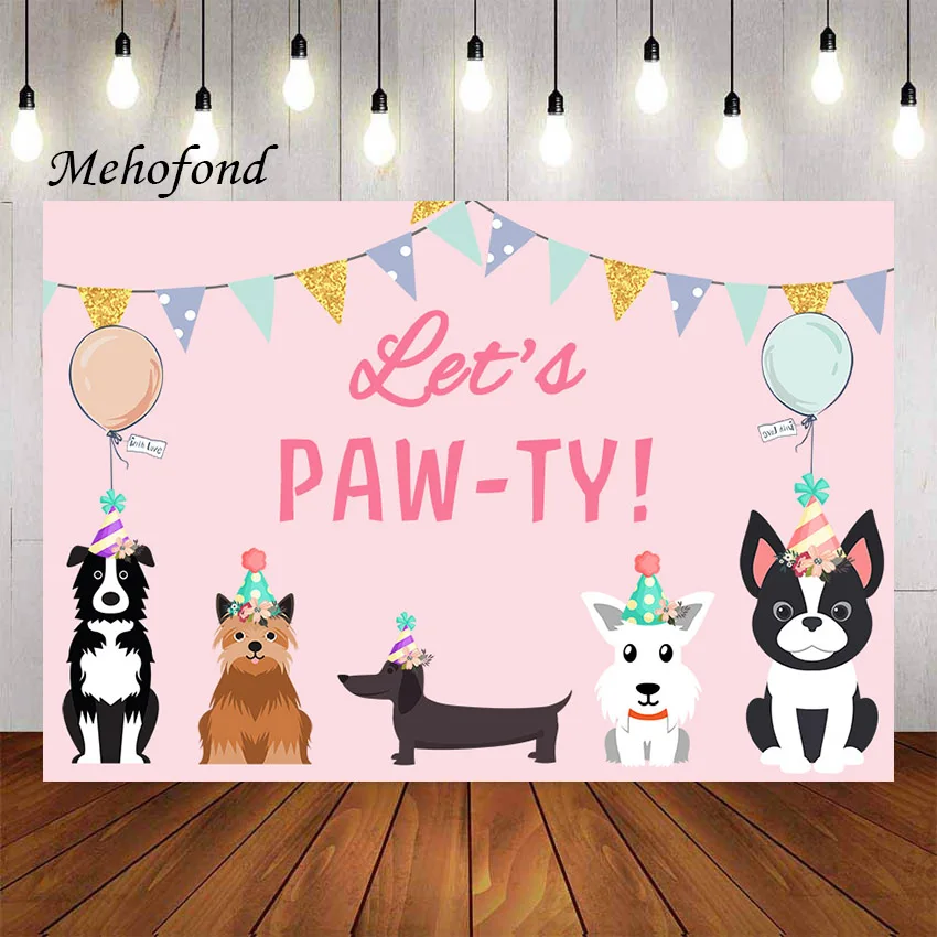 Mehofond Photography Background Puppy Dog Let's Paw-ty Doggy Pet Pink Girls Birthday Party Portrait Backdrop Photo Studio Props |