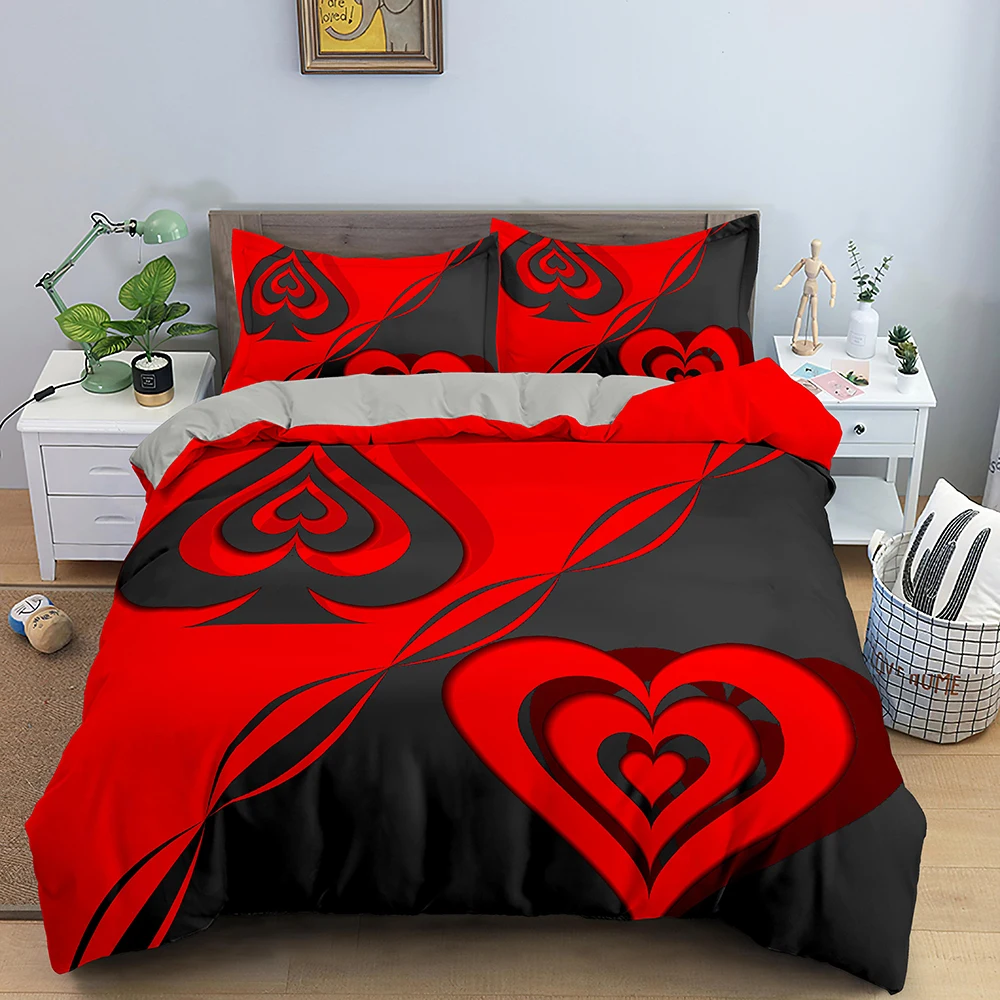 Red And Black Bedding Set Heart Pattern Duvet Cover Sets Queen King
