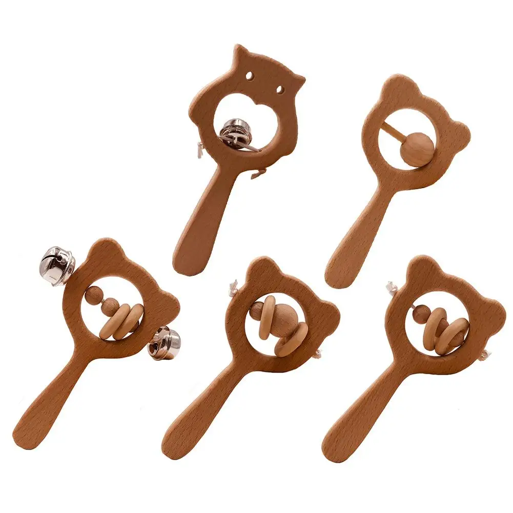 

Bear Shape Wooden Hand Grip Teether Rattle Bell Baby Chew Beads Teething Toy Baby Teether for Kids