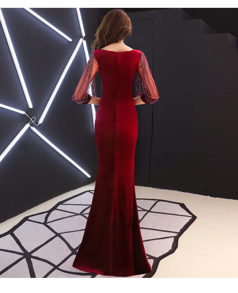 Robe De Soiree вечернее платье с коротким рукавом модное платье-Кафтан abaya с v-образным вырезом бордовое вечернее платье Русалка длинное платье Vestido Longo