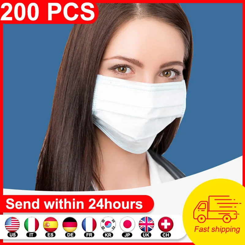 

200PCS Disposable Mask Anti-dust Anti PM2.5 3 layer Filter Mask Meltblown Non-woven Disposable Face Mask Earloops Masks Mouth