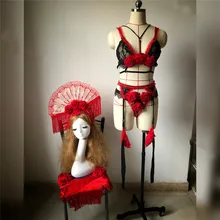 Сексуальное бикини для ночного клуба, стразы, костюм, красная роза, головной убор, одежда для танцевальной вечеринки, одежда для сцены, Клубная одежда, певица, Одежда для танцев, DJ