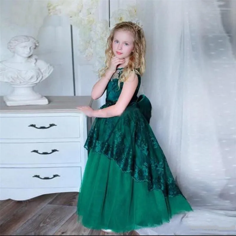 Зеленое платье с цветочным узором для девочек на заказ, детская одежда с кружевной аппликацией и круглым вырезом, платье с бантом для девочек на день рождения, вечерние платья