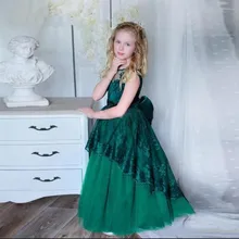 Зеленое платье с цветочным узором для девочек на заказ, детская одежда с кружевной аппликацией и круглым вырезом, платье с бантом для девочек на день рождения, вечерние платья