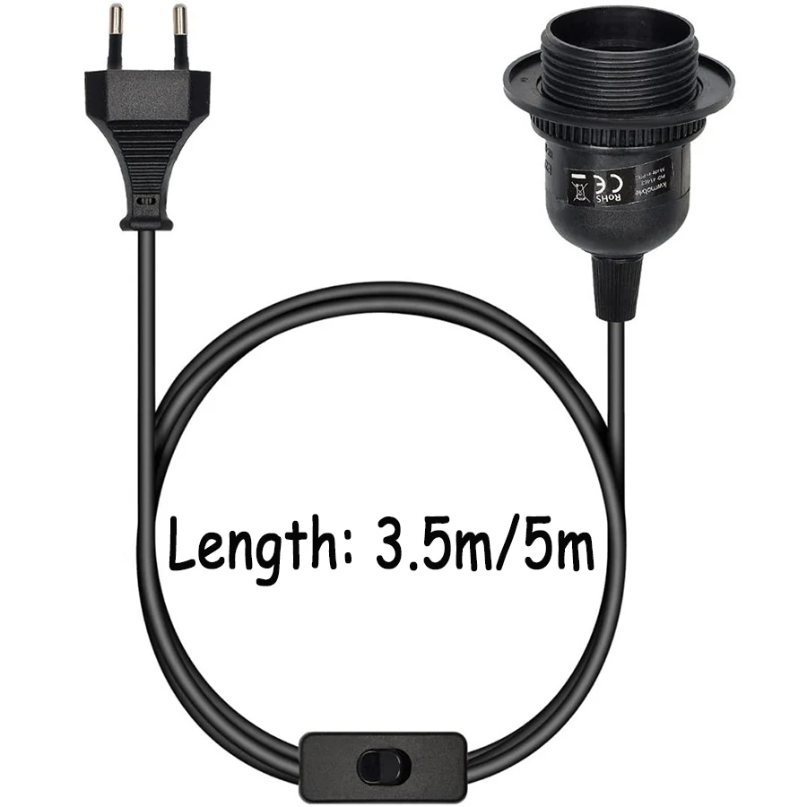 3.5m/5m Power Cord Cable E27 Lamp Base Holder Eu Hanging Led Pendant