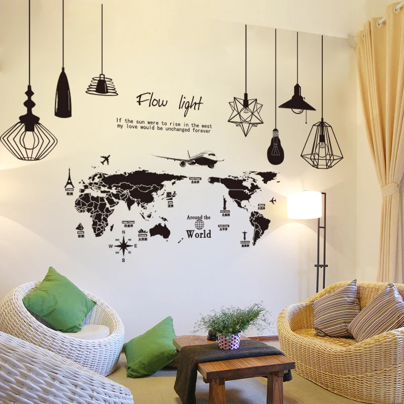 

[SHIJUEHEZI] Map of the World Wall Stickers DIY Black Color Chandelier Wall Decals for Living Room Company Office Decoration