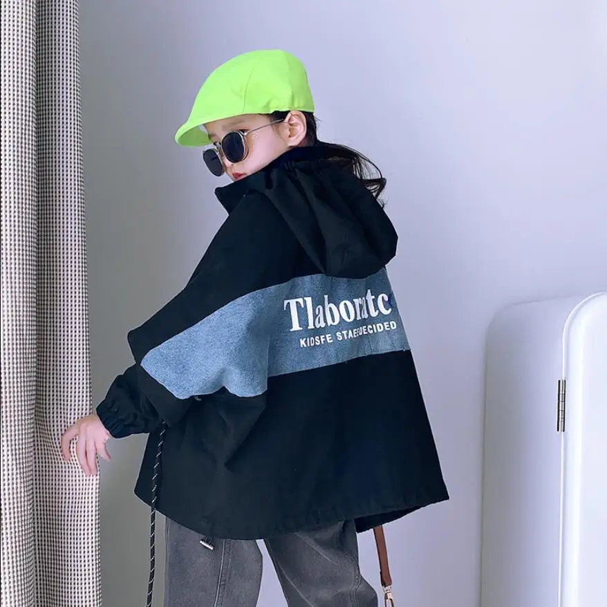 

4-16 years girls Fashion denim patchwork loose coats autumn new hooded letter print jackets for children teenage outerwear w1123