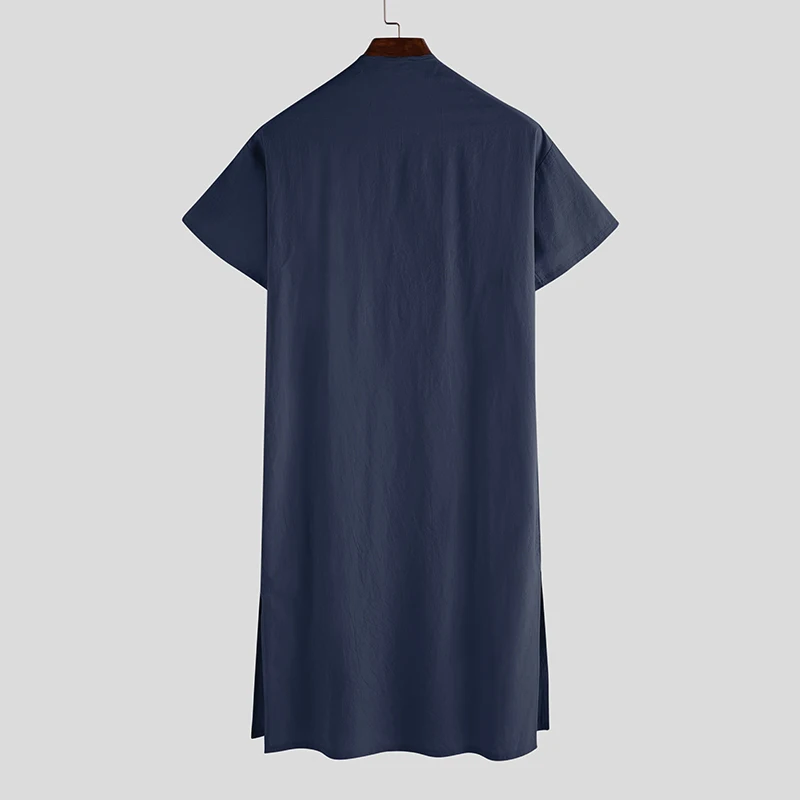 INCERUN Men Robes Short Sleeve Solid Pajamas V Neck Pockets Cozy Cotton Vintage Homewear Nightgown Kaftan Mens Bathrobes S-5XL