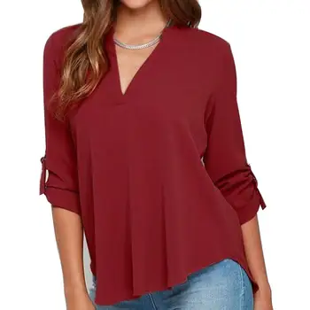 

Plus Size Women Solid Color Deep-V Neck Long Sleeve Shirt Irregular Loose Blouse