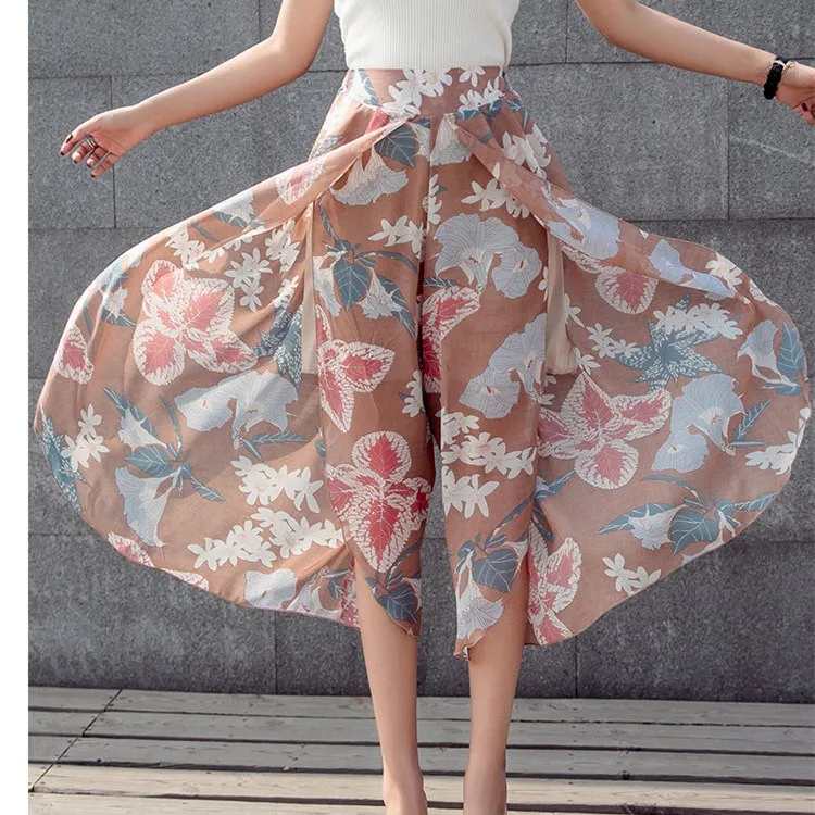 

Fashion Plus Size Nice Summer Flower Print Pants Women Vintage High Waist Chiffon Wide Leg Pants Casual Loose Beach Trousers