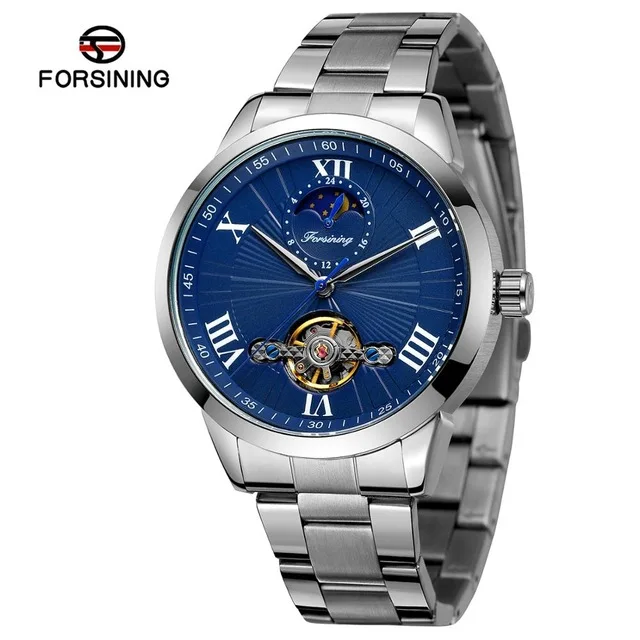 FORSINING Relogio Masculino модные классические автоматические механические часы мужские часы из нержавеющей стали с турбийоном и фазой Луны наручные часы - Цвет: silver blue