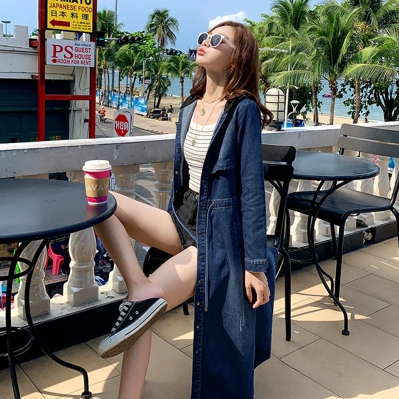 

2019 Spring Solid Color Long Sleeve Cowboy Double Purpose Dress + Trench Coat Simple Slim Fit Versatile