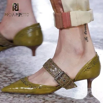 

Prova Perfetto Fashion Rivet Stud Pointed Toe Kitten Heel Women Pumps Buckle Belt Shallow Patent Leather Ladies Dress Party Shoe