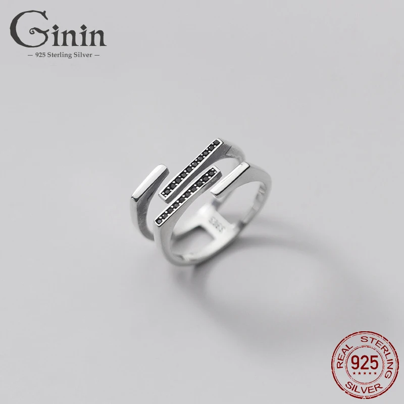 

Ginin 925 Sterling Silver Ring for Women Man Simple Line Black Zircon Geometric Fashion Double Layer 2021 Trend Finger Jewelry