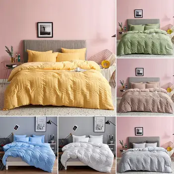 

Classic Bedding Set 3 Size Grey Yellow Blue Seersucker Bed 3pcs/set Duvet Linen Set Pure 2020 Bed Sheet Duvet Cover Cover