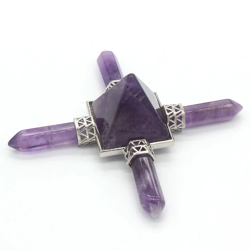 YJXP 4 точки пирамиды природные аметисты генератор энергии Аутентичные обсидиан белый кристалл индийские Рэйки, лечение чакры ювелирные изделия - Цвет: Purple Amethyt