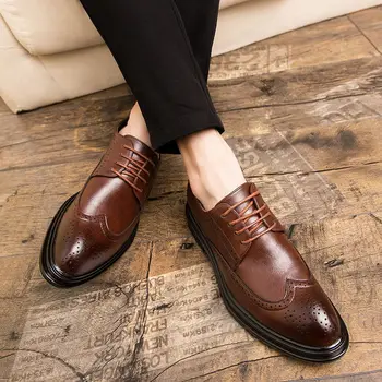

Bright Leather Men Dress Shoes Brand Fashion Groom Wedding Shoes Flowers Print Pointed Toe Lace Up Men Business Shoes 38-48