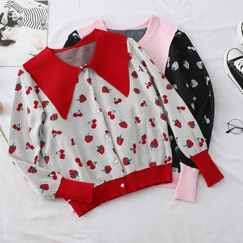 Heliar 2019 Autumn New Korean Sweet Colour Doll withTurn-lapel Strawberry Cherry Pattern Long SleeveKnitted Blouse for Wome |