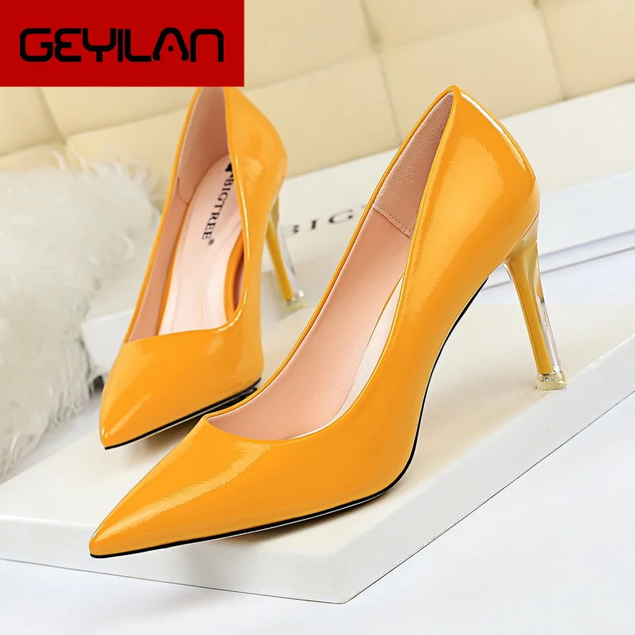 

2020 Women 8.5cm High Heels Valentine Pumps Lady Crystal Luxury Striptease Design Blue Fetish Scarpins Wedding Yellow Party Shoe