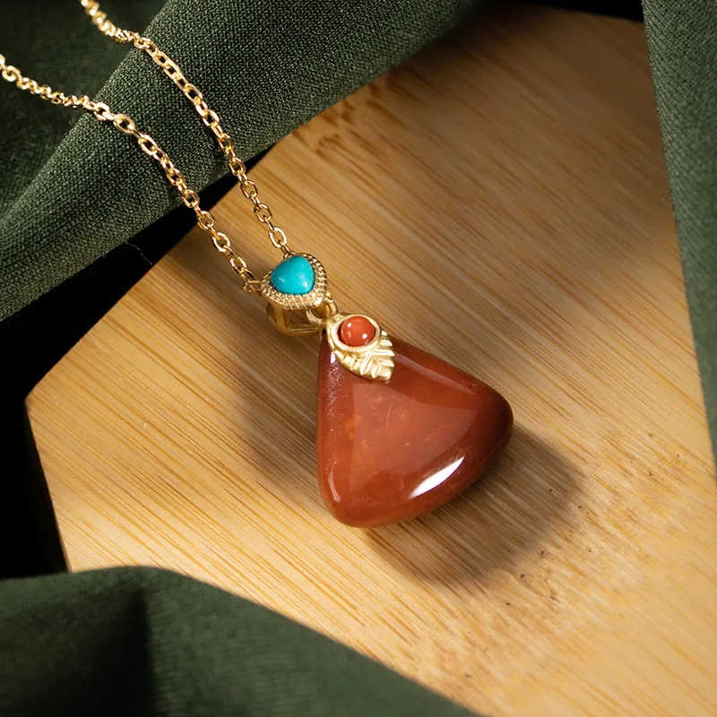 

S925 pure silver personality high grade South Red Lady set chain retro geometric temperament simple Silver Pendant