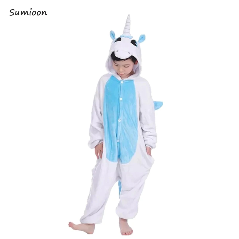 Blue Unicorn Kigurumi Onesie/Детские пижамы, пижамы с единорогом для мальчиков и девочек, зимние пижамы с животными, детская одежда для сна, Комбинезоны для подростков 4, 6, 8, 10 лет - Цвет: Blue Unicorn