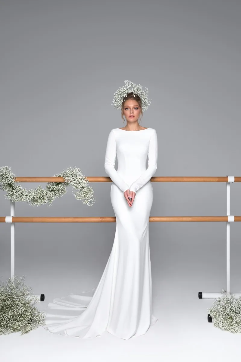 Атласная юбка-годе свадебное платье es с длинным рукавом Bateau вырез, Свадебные Платья с коротким шлейфом страна сад свадебное платье с открытой спиной