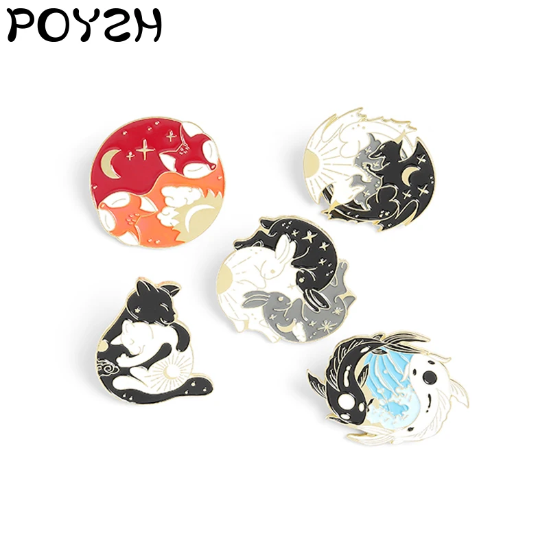 Day Night black white opposition Enamel Brooch Sun Moon Fox Koi Rabbit Bat Wolf dog Bag Clothes Lapel Pin Badge Animal Jewelry | Украшения