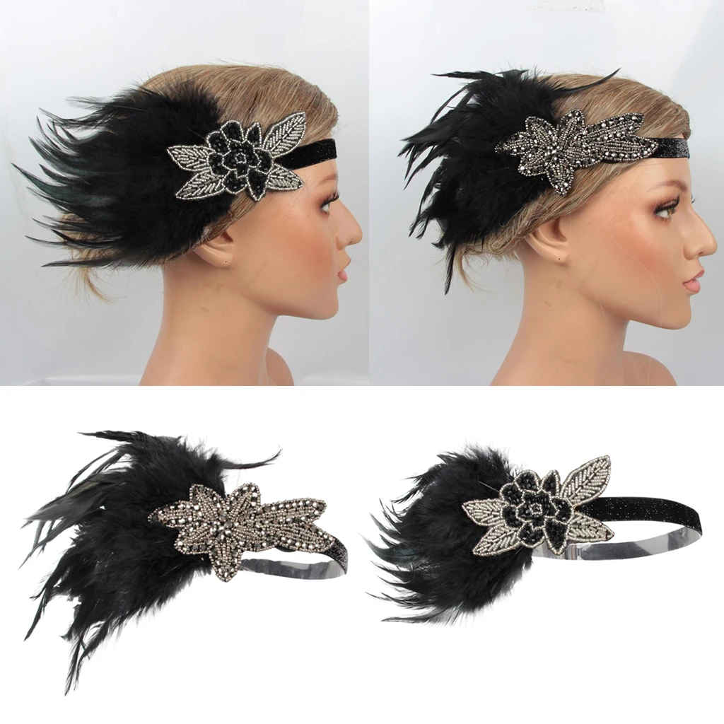 Women's Vintage Feather Headband, Black Rhinestone Applique 20s Flapper Headband - Roaring 1920s Headpiece - Shiny Elastic Band