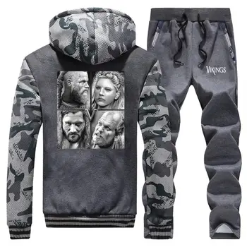 

Men fashion VIKINGS print Sportswear sweatpants Sets Casual Outerwear set Fleece Thick Warm Winter jacket + Pant Sport 2Pcs Suit
