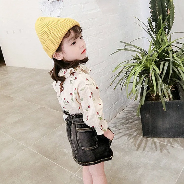 

Childrenswear 2019 Autumn New Style Long Sleeve GIRL'S Shirt Tops Cute Versatile Children Peter Pan Collar Cherry Shirt