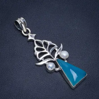 

Natural Chalcedony and River Pearl Handmade Unique 925 Sterling Silver Pendant 2" B3312