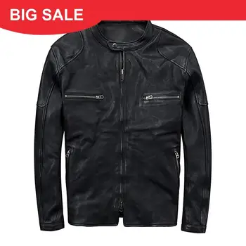 

2020 Black Men Slim Fit Biker's Leather Jacket Plus Size XXXL Genuine Sheepskin Autumn Short Motorcycle Leather Coat