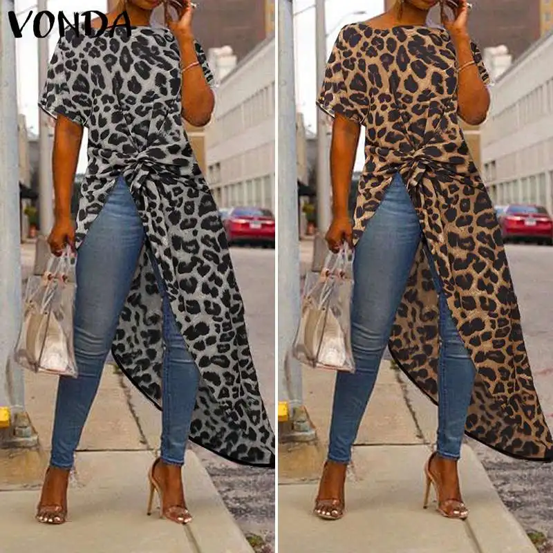 VONDA Women Asymmetrical Blouse Sexy Split Hem Leopard Party Tops Long Ladies Office Shirts 2019 Summer Tunic Plus Size Blusas