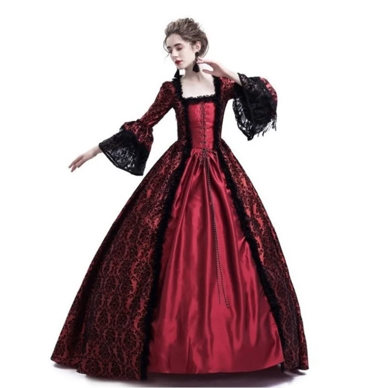Larp Halloween Velvet Witch Princess noble Long Dress Adult Costume Cosplay Outwear Gothic Medieval Dress trumpet Queen Costume