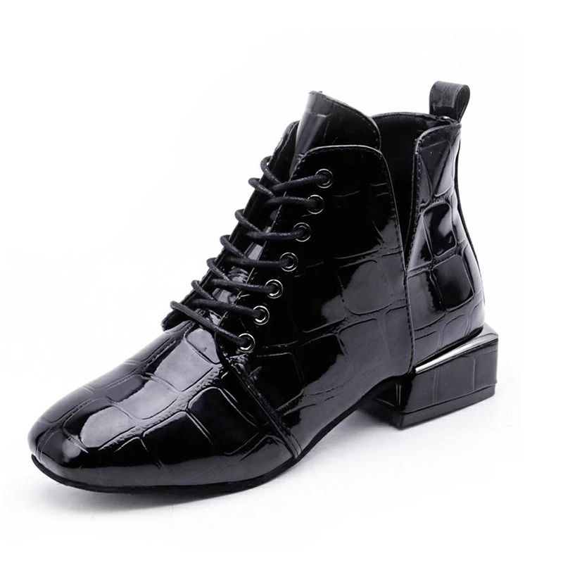 

Solid Black Winter Boots Patent Leather Women Boots New Fashion Ankle Boots For Women Shoes Woman Lace Up Round Toe Botas Mujer