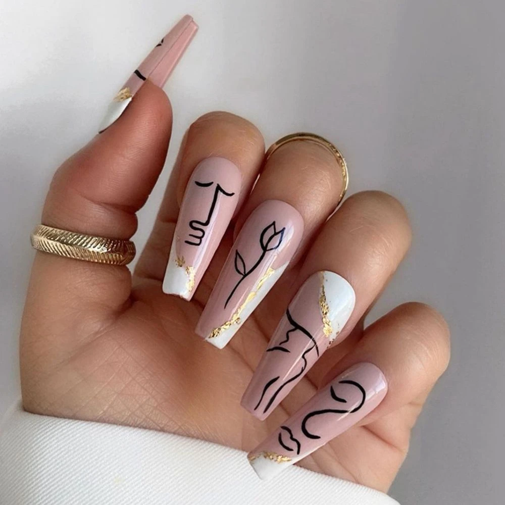 24pcs Fake Nails With Abstract Painting Art Designs Long Coffin Ballerina  False Nails Press On Nails Manicure Tool Nail Tips - False Nails -  AliExpress